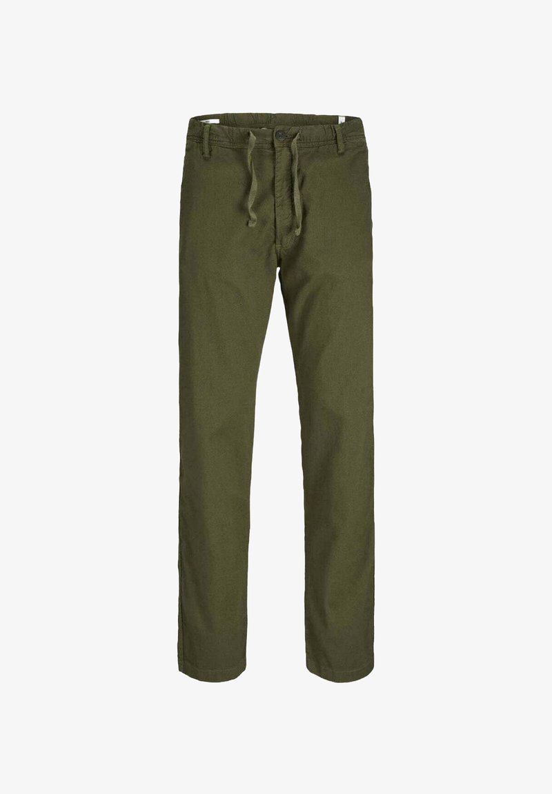 Pantaloni in cotone verde oliva con una vestibilità comoda, vita con cordoncino e chiusura frontale a bottone. Tessuto liscio senza motivi o accenti visibili.