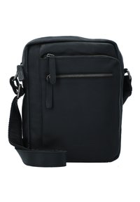 Borsa a tracolla nera in pelle con una texture liscia, dotata di una tasca frontale con zip e di una tracolla regolabile. Branding discreto sul fronte.