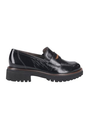 Schwarze Lackleder Slipper mit runder Spitze, einer Klappendetail und einer robusten schwarzen Gummisohle. Mit einem gesteppten Akzentmuster.