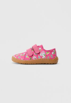 Pink fabric shoe with Velcro straps, featuring a playful print of food items, with a tan rubber sole and rounded toe design.