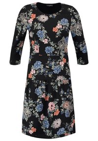 Robe noire mi-longue aux genoux avec des motifs floraux bleus, roses et orange, manches trois-quarts et col rond.