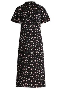 Black floral dress with short sleeves, ruffled collar, featuring a scattered pattern of pink and white flowers on a smooth fabric.