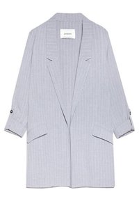 Blazer à rayures grises avec col cranté, doté de deux poches avant, manches retroussées avec détails à boutons, fabriqué en tissu léger.