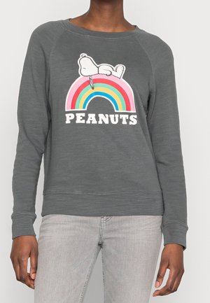 Sweatshirt gris à manches longues, avec un motif de Snoopy sur un arc-en-ciel, texte « PEANUTS » en noir, et bord-côte à l'ourlet et aux poignets.