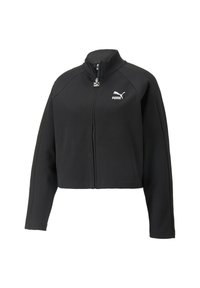 Schwarze cropped Jacke aus glattem Stoff, mit hohem Kragen, durchgehendem Reißverschluss und einem weißen Puma-Logo auf der Brust.