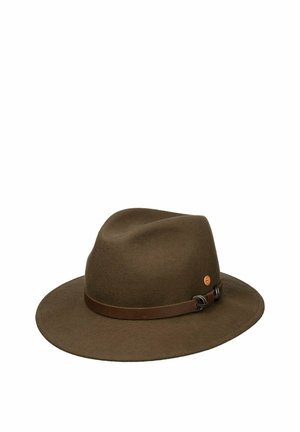 Brown felt fedora hat with a wide brim and a dark brown leather band featuring a small round metal emblem.