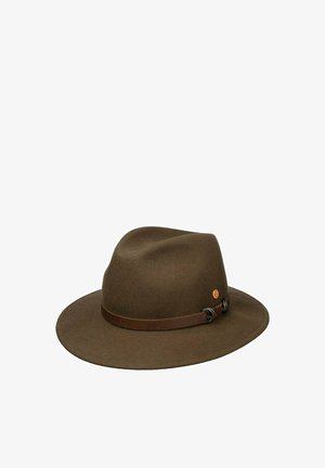 Brown felt fedora hat with a wide brim and a dark brown leather band featuring a small round metal emblem.