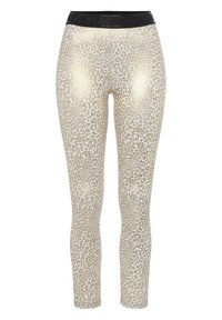 Leggings in einem hellbeigen Farbton mit einem Leopardenmuster und einer glänzenden Gold-Oberfläche. Schwarzer elastischer Bund mit "ATHLETIC"-Markenaufschrift.