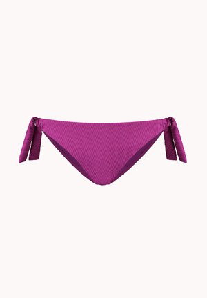 Braguita de bikini texturizada morada con lazos laterales, con un patrón de espiga y tirantes ajustables.