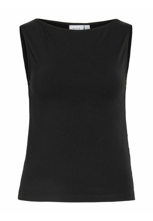 Sort ærmeløs tanktop med rund halsudskæring, lige kant og glat stoftekstur, vist på hvid baggrund.