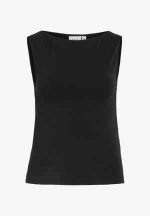 Zwart mouwloos tanktop met een ronde halslijn, een rechte zoom en een gladde stoftextuur, weergegeven op een witte achtergrond.
