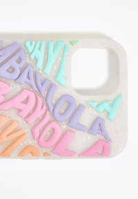 Silicone phone case with multi-colored raised letters in purple, pink, blue, and orange on a glittery translucent background.