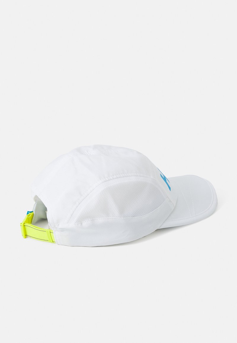 White cap made of lightweight fabric with a curved visor. Features mesh panels for breathability and a neon yellow adjustable strap.
