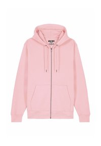 Felpa con cerniera rosa, dotata di un cappuccio regolabile con cordini, tasche frontali e polsini a coste. Realizzata in un tessuto morbido, presenta un design semplice e informale.