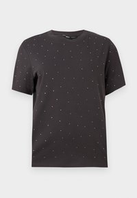 Black short-sleeve T-shirt featuring a round neckline and scattered metallic stud accents across the front, made from soft cotton material.