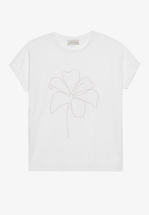 T-shirt bianco in cotone con un design di contorno floreale in oro rosa. Maniche corte e scollatura rotonda. Vestibilità rilassata.