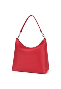 Red leather handbag with a soft, textured finish, curved shape, and a single shoulder strap. Features metal hardware accents.