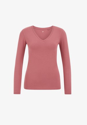 Ilgi piedurkņu V-veida kakla krekls pelēka rozā krāsā, izgatavots no mīksta auduma. Iezīmēts ar pieguļošu griezumu, gludu tekstūru, minimālu šuvju skaitu un bez rotājumiem.