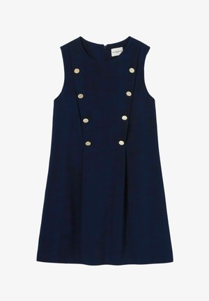 Robe sans manches bleu marine avec une coupe droite, dotée d'une jupe plissée et de six accents de boutons métalliques le long du devant central. Fermeture éclair à l'arrière.