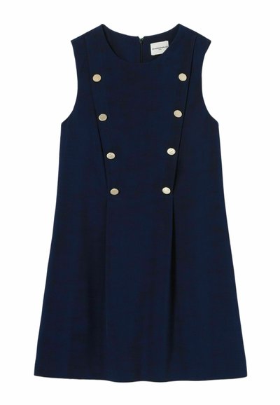 Vestido sin mangas de color marino con corte recto, que presenta una falda plisada y seis botones metálicos en el centro frontal. Cremallera en la parte trasera.