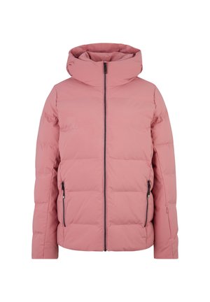Padded pink jacket mit hohem Kragen, durchgehendem Reißverschluss und zwei seitlichen Reißverschlusstaschen. Glattes Material mit gestepptem Muster und ohne sichtbare Motive.