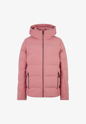 Giacca imbottita rosa con colletto alto, cerniera frontale completa e due tasche laterali con zip. Materiale liscio con texture trapuntata e senza motivi visibili.