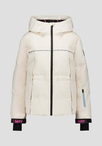 Giacca imbottita bianca con cappuccio, zip nera, dettagli azzurri e logo rosa sul polsino. Include due tasche frontali.