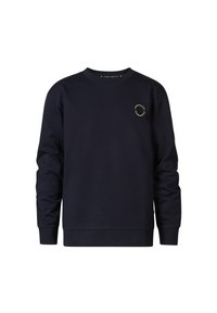 Marineblauwe sweatshirt met lange mouwen, geribde manchetten en zoom, voorzien van een klein rond logo op de borst en een ronde halslijn.