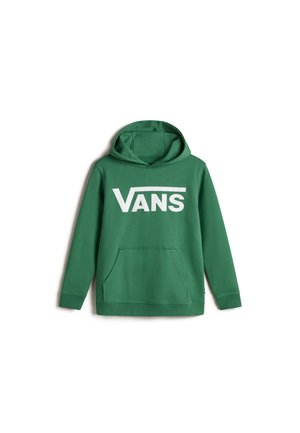 Groene hoodie van zachte stof, met een kangoeroezak, ribgebreide mouwen en een groot wit "VANS" logo op de voorkant.