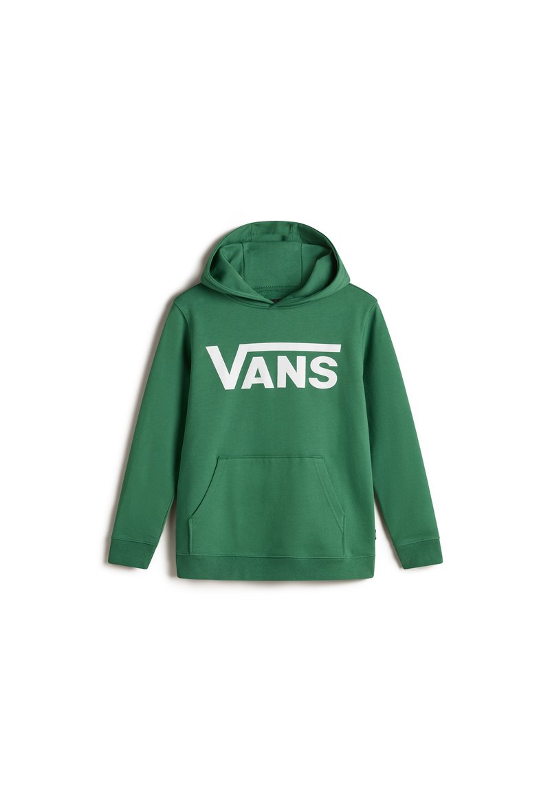 Zelená mikina s kapucí vyrobená z měkké tkaniny, obsahující klokánkovou kapsu, žebrované manžety a velké bílé logo "VANS" na přední straně.