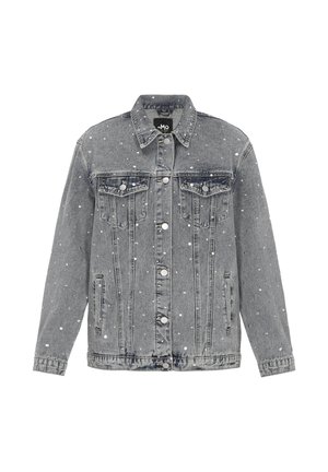 Šedá džínová bunda se stříbrnými flitrovými ozdobami, zapínáním na knoflíky vpředu, dvěma kapsami na hrudi na klopu a dvěma bočními kapsami.