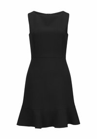 Schwarzes ärmelloses Kleid mit tailliertem Oberteil und ausgeweitetem Saum. Gefertigt aus glattem Stoff, mit einer subtilen texturalen Oberfläche und einem Reißverschluss auf der Rückseite.