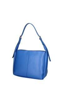 Borsa a tracolla in pelle blu con texture liscia, forma rettangolare e un'unica maniglia superiore dotata di cinturini regolabili e dettagli laterali.