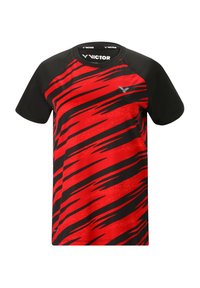 Rød og sort kortærmet sports skjorte med abstrakt stribemønster, rund halsudskæring og glat stof, der har et lille logo på brystet.