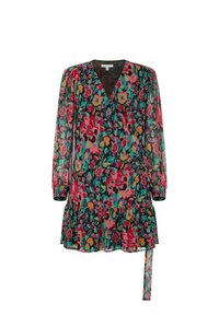 Blumenkleid mit tiefem V-Ausschnitt, langen transparenten Ärmeln und einem gerafften Saum. Hergestellt aus leichtem Stoff in lebendigen Rot-, Grün- und Pinktönen.