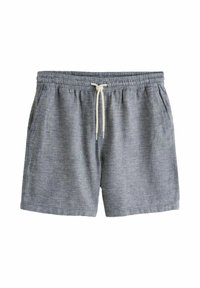 Blaue Baumwollshorts mit Struktur, elastischem Bund und weißem Kordelzug, mit Seitentaschen und lockerem Sitz.