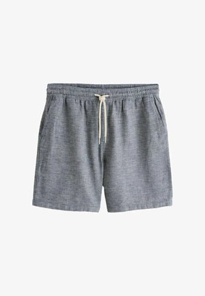 Sinised tekstuuriga puuvillased lühikesed püksid elastse vöökohaga ja valge paelaga, millel on küljetaskud ja mugav lõige.