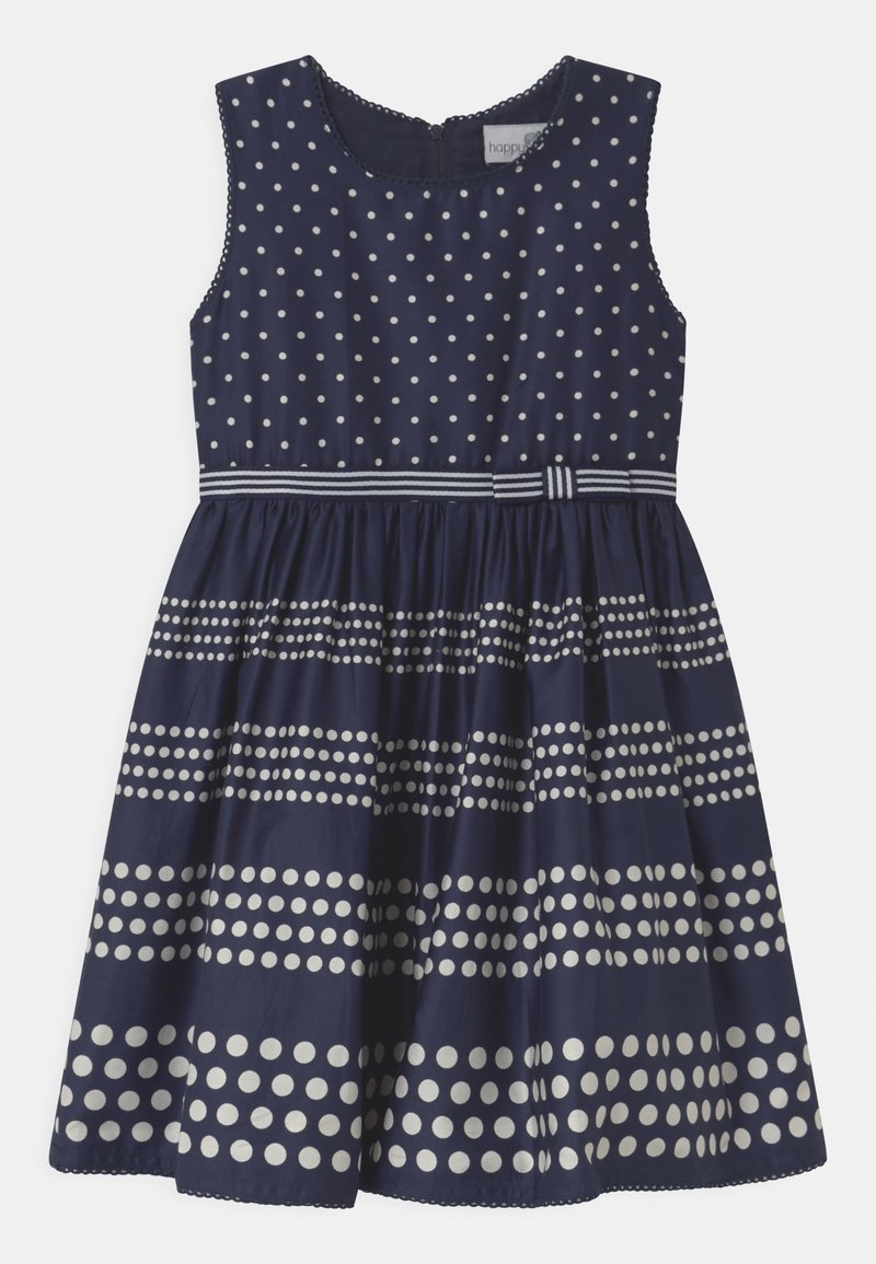 Námořnické šaty bez rukávů, zdobené bílými puntíky a pruhovanými akcenty kolem pasu. Hladká textura, délka po kolena.
