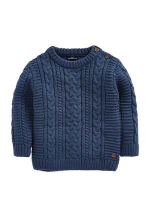 Pull bleu marine en maille torsadée avec col rond, poignets et ourlet côtelés, et deux boutons sur l'épaule gauche pour la fermeture.