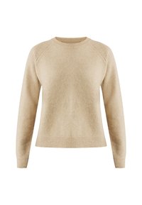 Beige Strickpullover mit Rundhalsausschnitt, Raglanärmeln und geripptem Saum. Hergestellt aus weichem Material mit glatter Textur.