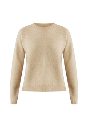 Suéter de punto beige con cuello redondo, mangas raglán y dobladillo acanalado. Hecho de un material suave con una textura lisa.