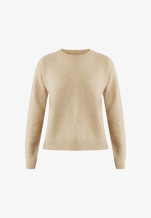 Beige gebreide trui met een ronde hals, raglanmouwen en ribbels aan de onderkant. Gemaakt van zachte materialen met een gladde textuur.