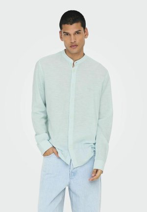 Camicia azzurro chiaro a maniche lunghe con colletto alla coreana, caratterizzata da una chiusura con bottoni e un taglio morbido. Indossata con pantaloni in denim chiaro.