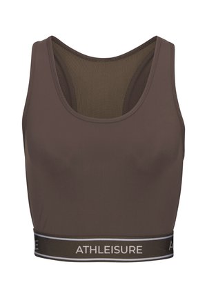 Brown sports bra with racerback design and wide elastic band at the bottom featuring the word "ATHLEISURE" in white.