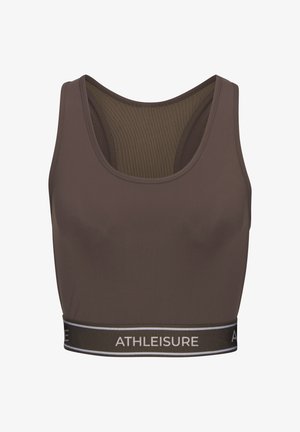 Brown sports bra with racerback design and wide elastic band at the bottom featuring the word "ATHLEISURE" in white.