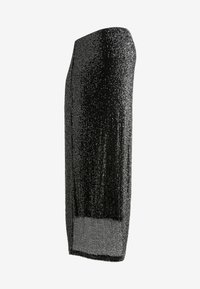Schwarzes ärmelloses Kleid mit einer taillierten Silhouette, gefertigt aus einem strukturierten Stoff, der mit reflektierenden Pailletten verziert ist und ein glattes Finish aufweist.