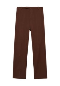 Pantaloni marroni su misura con taglio dritto, dotati di passanti per cintura e una consistenza liscia. Nessun motivo o accessorio visibile.