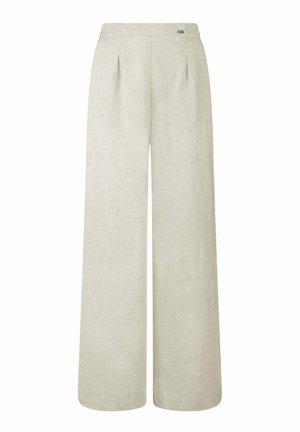 Lichtbeige wijde broek van linnen, met een hoge taille, plooien en een gladde, licht gestructureerde stof.