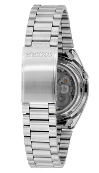 Stainless steel Seiko watch with metal link bracelet, clasp engraved with brand name, and visible automatic movement on the back.