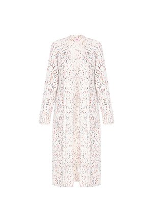 Langärmliges Kleid aus weißem Stoff mit mehrfarbigen Sprenkeln. Verfügt über einen V-Ausschnitt, eine geraffte Taille und eine lockere Passform.